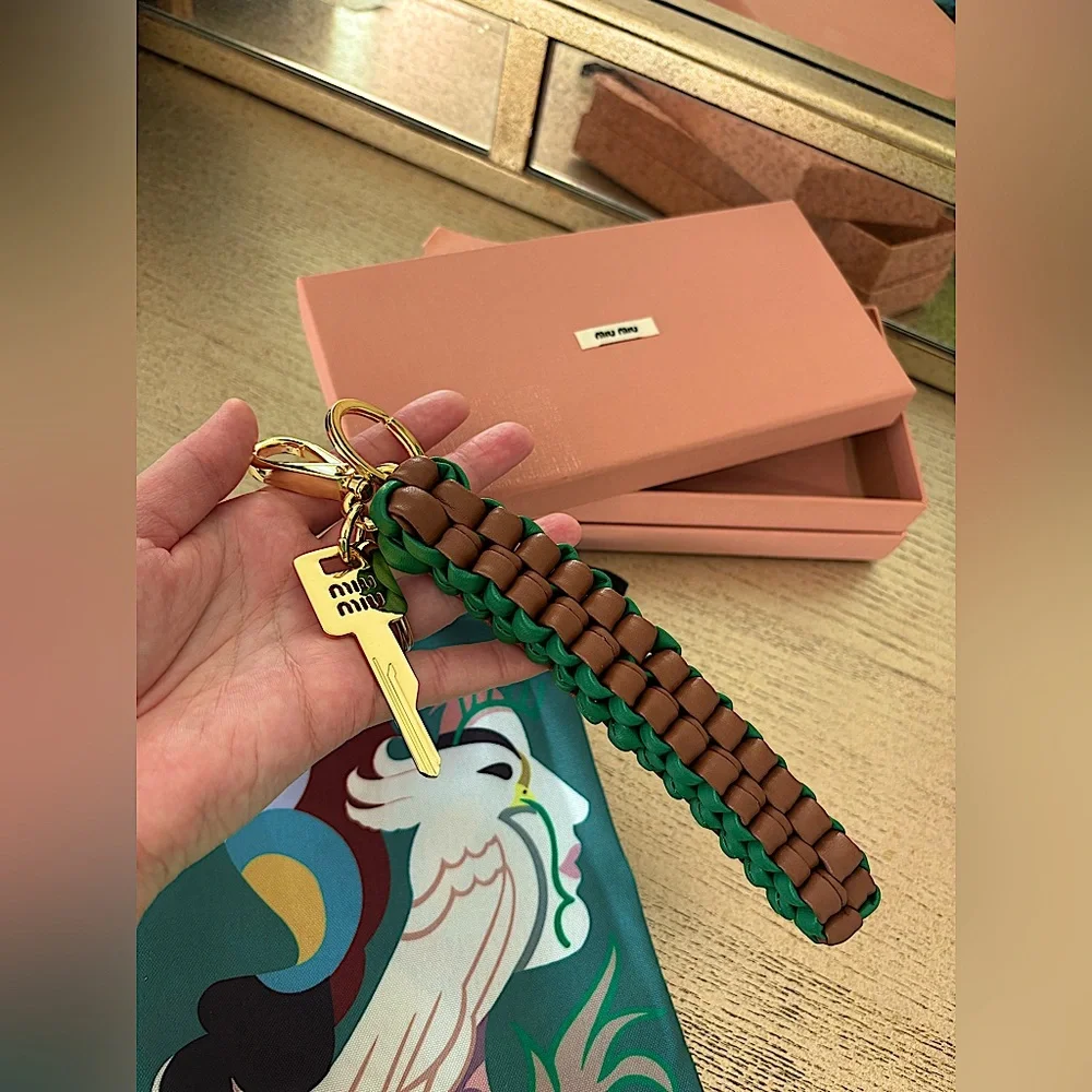 Miu Miu Leather Keychain Trick in Cognac/Mango Braided With Snap-Hook Logo - Picture 13 of 15